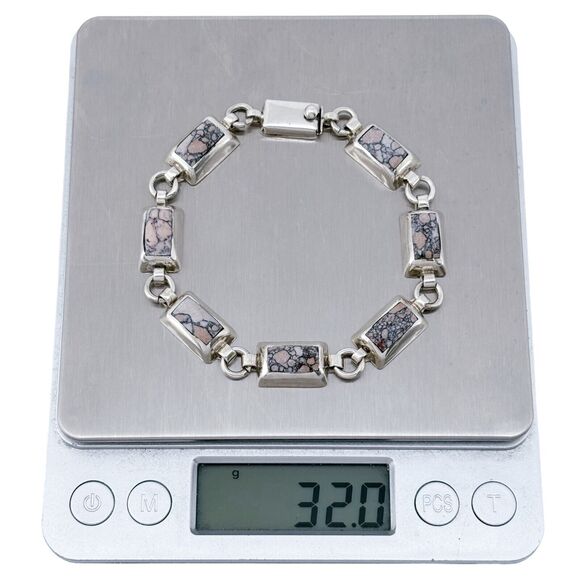 Vintage Mexico Sterling Silver 925 10mm Pink Howlite Link Bracelet 7.5" - Picture 6 of 6